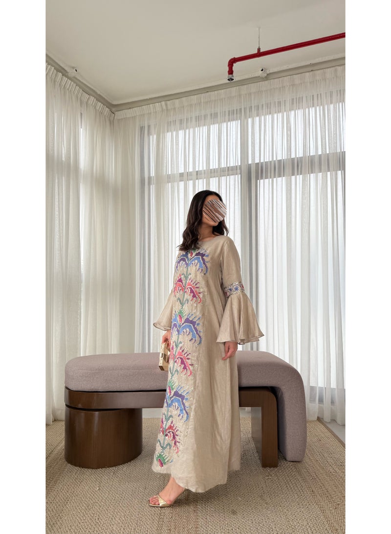 Women’s Embroidered Jalabiya – Beige Traditional Kaftan Dress – Wide Sleeves – Ramadan & Occasion Wear - Image 5